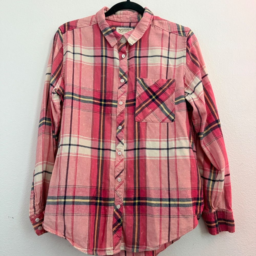 ARIZONA Jean Women Large Button Down Shirt Red Pink Plaid Boyfriend Fit Flannel